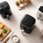 Mehrere Mini-Airfryer unter 4 Litern auf heller Arbeitsfläche in kleiner Küche