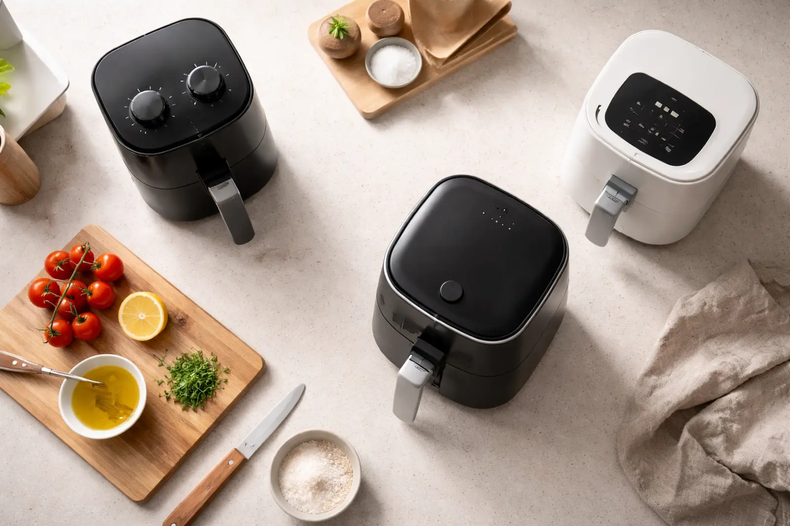 Mehrere Mini-Airfryer unter 4 Litern auf heller Arbeitsfläche in kleiner Küche