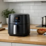 Kompakter Mini-Airfryer auf einer Küchenarbeitsfläche in einer kleinen Wohnungsküche im Alltagsbetrieb
