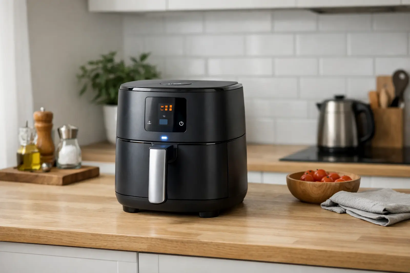 Kompakter Mini-Airfryer auf einer Küchenarbeitsfläche in einer kleinen Wohnungsküche im Alltagsbetrieb