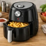 Kompakter Mini-Airfryer ohne App mit manuellen Drehreglern auf einer Küchenarbeitsfläche in einer kleinen Küche