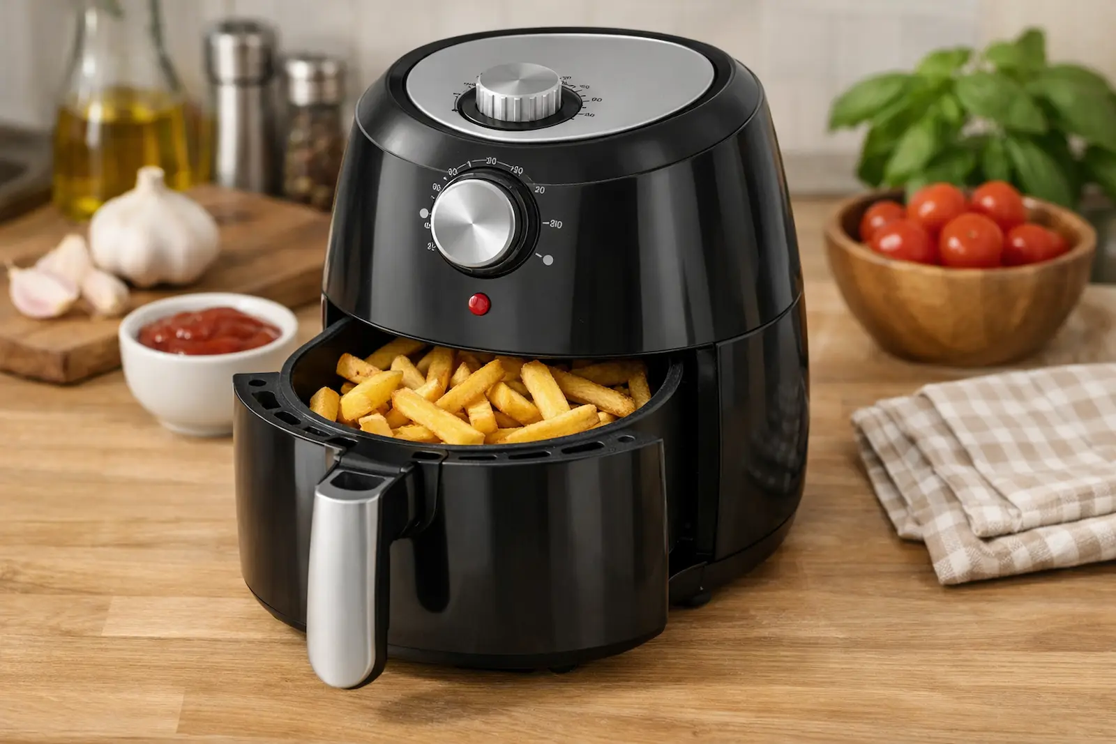 Kompakter Mini-Airfryer ohne App mit manuellen Drehreglern auf einer Küchenarbeitsfläche in einer kleinen Küche