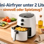 Kompakter Mini-Airfryer unter 2 Litern auf einer Küchenarbeitsfläche mit kleiner Portion Pommes in einer kleinen Küche