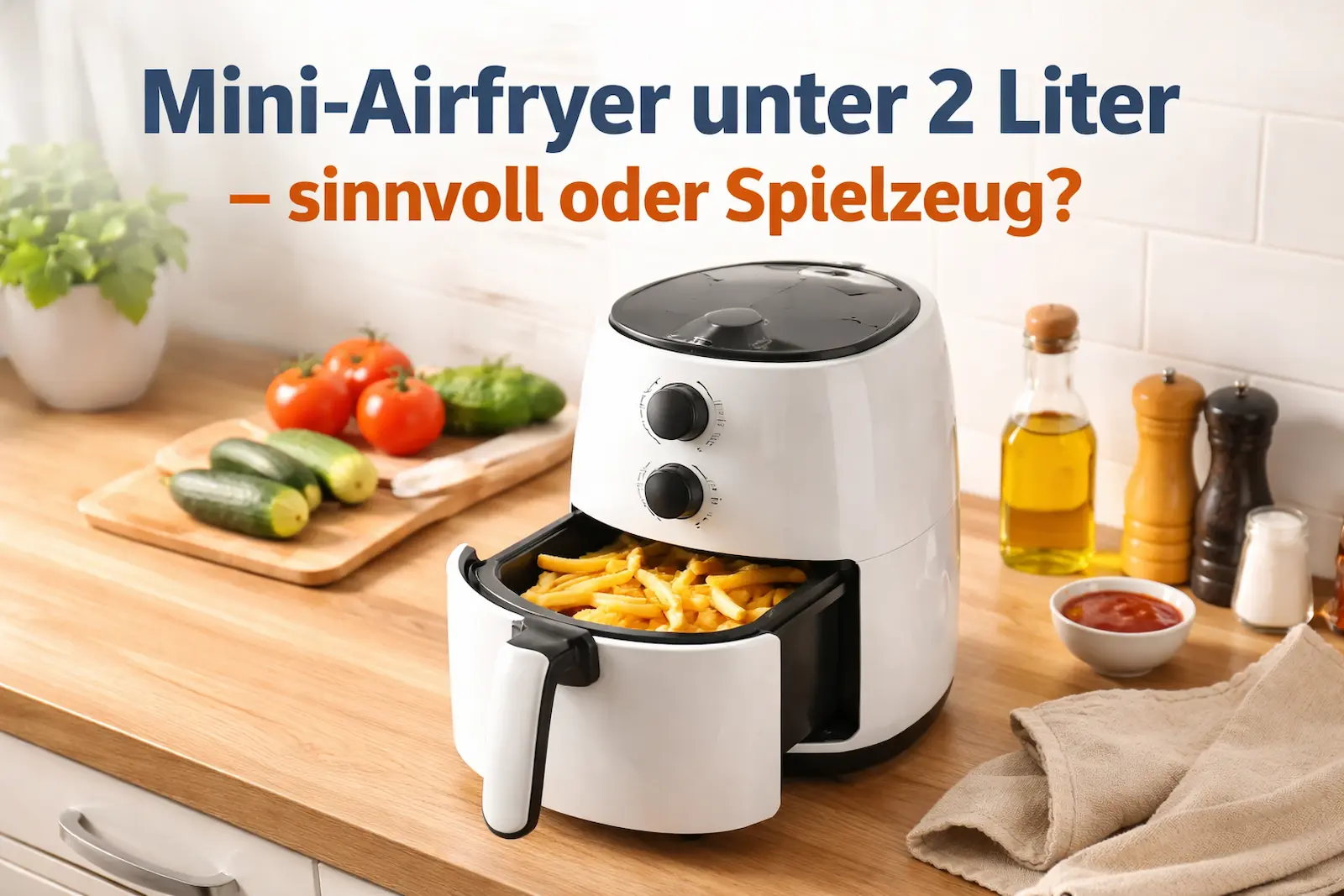 Kompakter Mini-Airfryer unter 2 Litern auf einer Küchenarbeitsfläche mit kleiner Portion Pommes in einer kleinen Küche