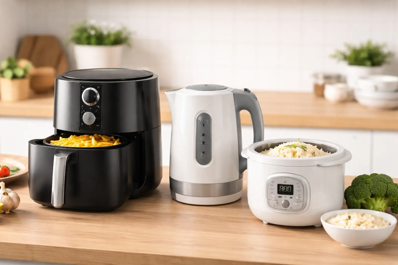 Kompakte Mini-Küchengeräte wie Airfryer, Wasserkocher und Reiskocher auf einer Arbeitsfläche in einer kleinen Küche