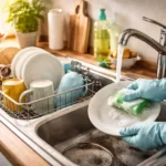 Handabwasch im kleinen Haushalt: Geschirr wird am Spülbecken von Hand gespült, alltagstypische Küchensituation.