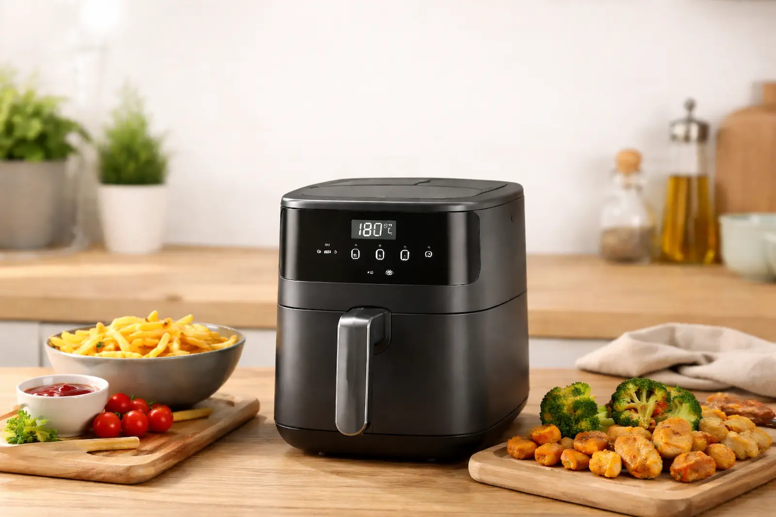 COSORI 2-Liter Mini Heißluftfritteuse im Alltagstest auf Küchenarbeitsplatte mit kleinen Portionen