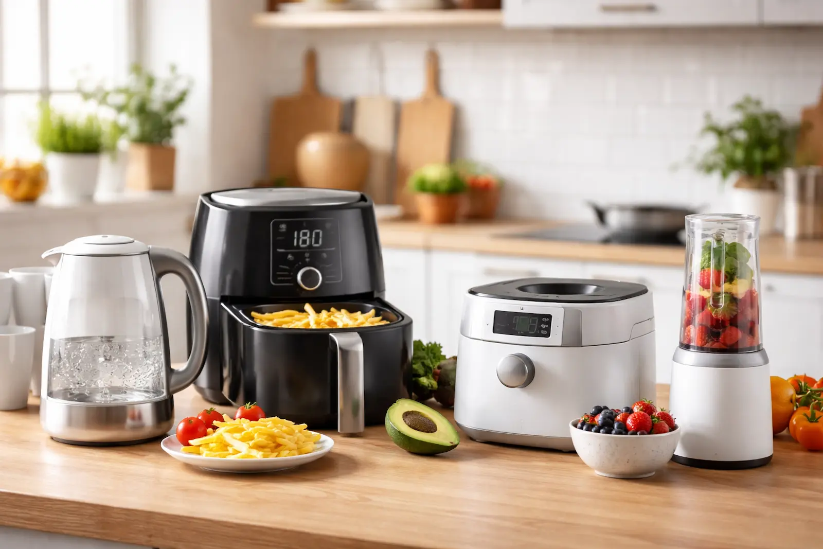 Kompakte Haushaltsgeräte wie Airfryer, Wasserkocher und Mixer auf einer Küchenarbeitsfläche in einem kleinen Haushalt