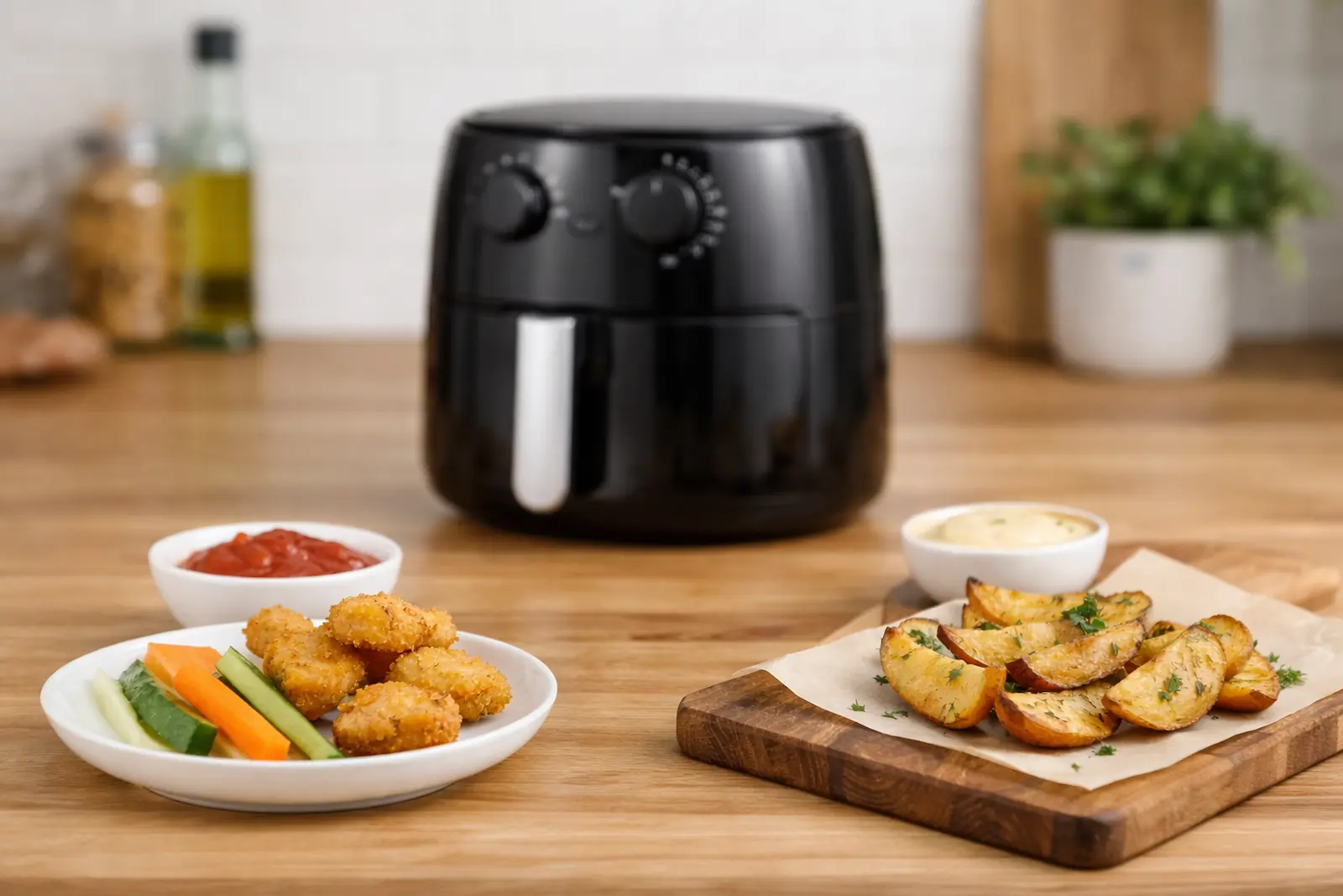 Mini-Airfryer mit 2 Litern Fassungsvermögen auf Küchenarbeitsplatte mit kleinen Portionen Pommes und Gemüse