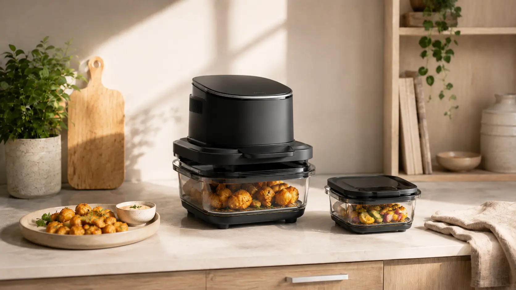 Kompakter Glas-Airfryer mit zusätzlichem Glasbehälter in einer kleinen hellen Küche
