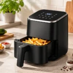 Schwarzer kompakter Airfryer mit Pommes in einer kleinen Küche