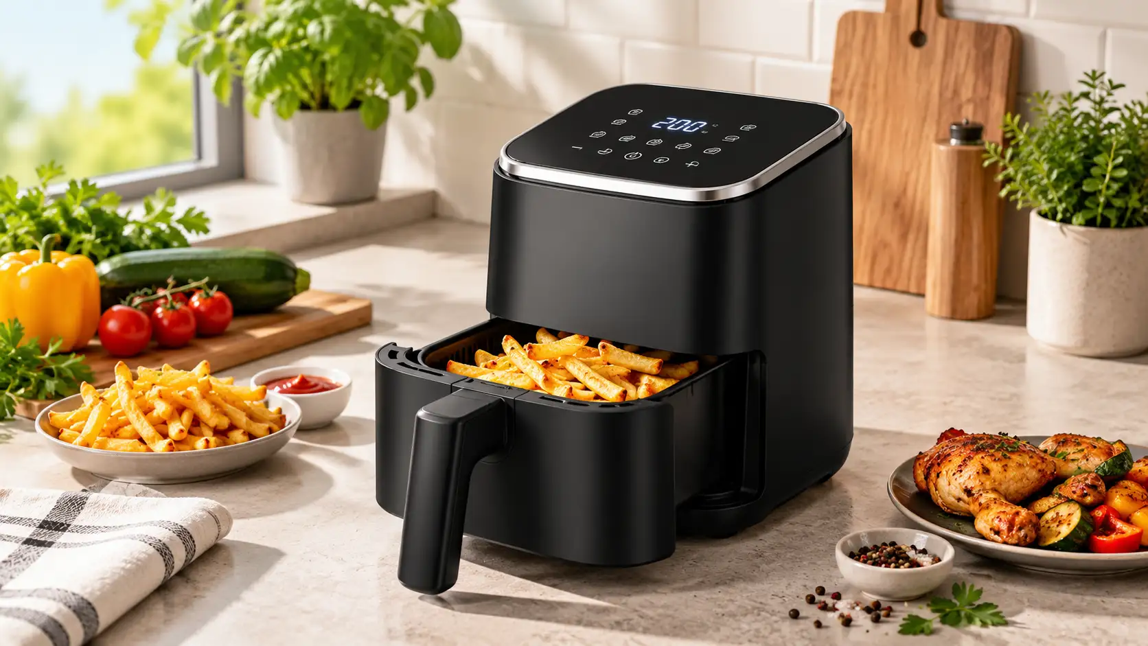 Schwarzer kompakter Airfryer mit Pommes in einer kleinen Küche