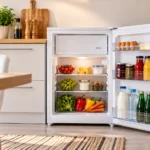 Kompakter weißer Kühlschrank mit geöffnetem Gefrierfach und Lebensmitteln in einer hellen, modernen Küche.