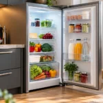 Geöffneter Kühlschrank mit übersichtlich eingeräumten Lebensmitteln in einer modernen Küche. Symbolbild zur passenden Kühlschrankgröße für kleine Haushalte.