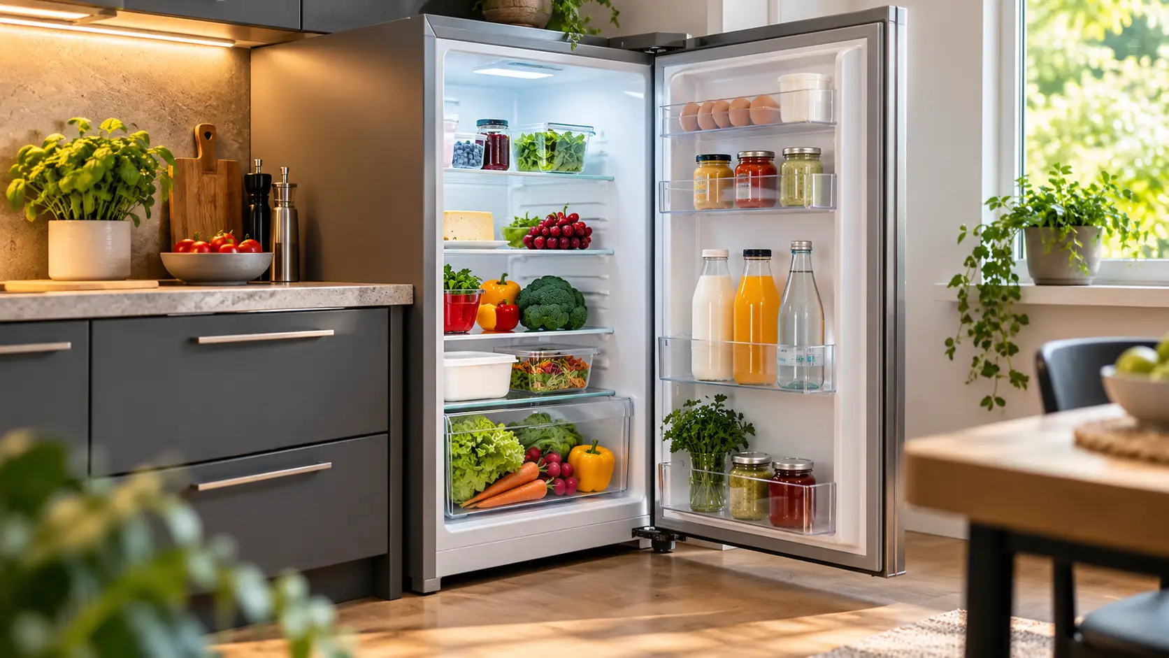 Geöffneter Kühlschrank mit übersichtlich eingeräumten Lebensmitteln in einer modernen Küche. Symbolbild zur passenden Kühlschrankgröße für kleine Haushalte.